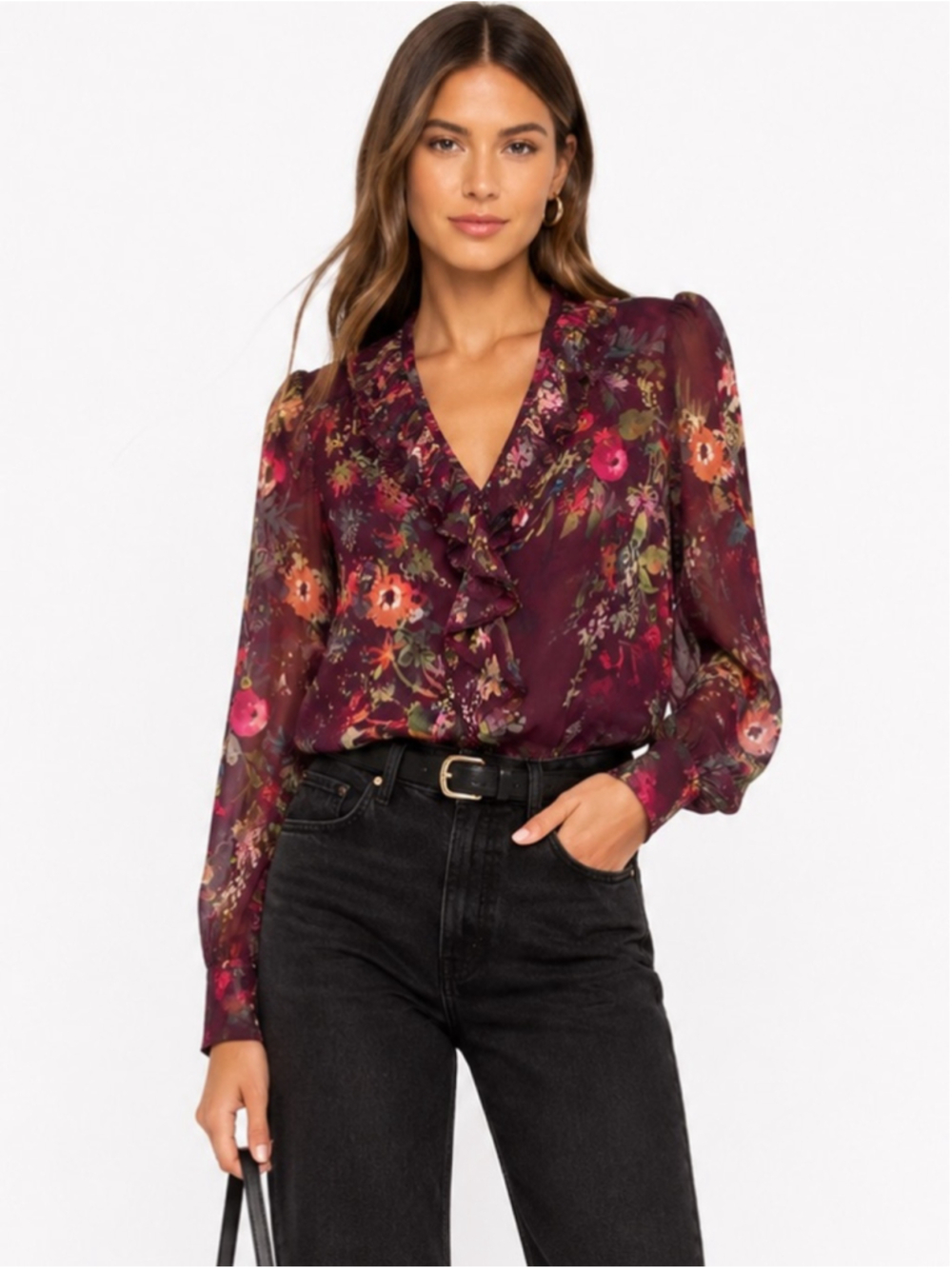 Parker silk blend Floral Burgundy Ruffle V-Neck Blouse top - Picture 2 of 10